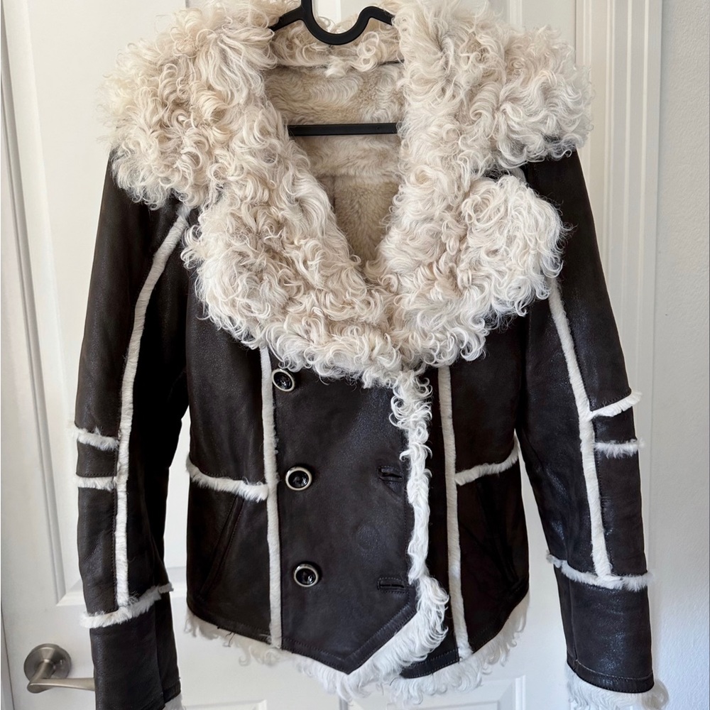 Amazing Dark Brown Fur Leather Short Coat Jacket Winter Spring Fall Vintage - Picture 4 of 7